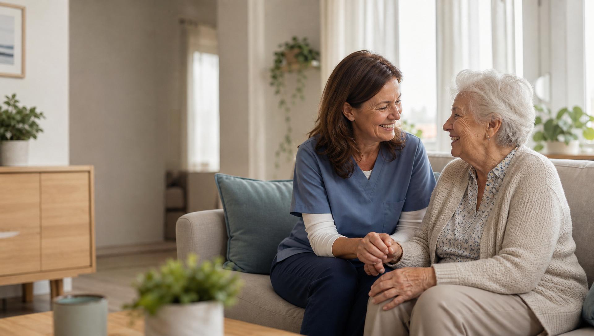 A caregiver and an older woman sharing a warm moment together in a bright modern home